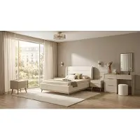 AEA Set per camera da letto beige, moderno, letto, comodino, specchio, poggiapiedi