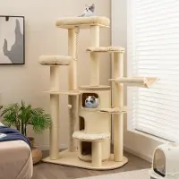 Selius Albero per gatti - Torre per gatti - Mobile per gatti - Casa per gatti - Palo da arrampicata - Extra grande e robusto - Cuscini in peluche - Bianco