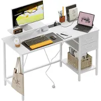 Dripio Scrivania con prese di corrente, 2 cassetti, supporto per monitor, dimensioni 120x50 cm, colore bianco
