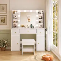 Kein Hersteller Comò da trucco 115x141x40, con specchio, illuminazione LED dimmerabile, organizer per gioielli, porta USB-C, supporto per asciugacapelli, 3 cassetti, 2 ante