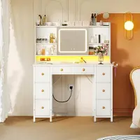 ODK Comò da trucco con specchio a LED, prese USB e striscia luminosa RGB, 8 cassetti, bianco, 110x40x137 cm