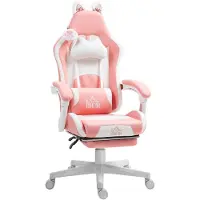 Selius Sedia da gaming con orecchie da gatto – Sedia ergonomica per videogiochi con poggiapiedi e schienale regolabile – Rosa e bianca