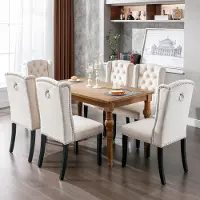Selius Set di 6 sedie da pranzo, con gambe in legno di quercia, bottoni e anello metallico, color beige