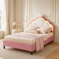 UnboxG Letto per bambini (90x200cm) con strisce luminose, letto imbottito con testata a , montaggio facile e veloce, rosa+bianco