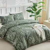 Merkloos Set di copripiumino e federe da letto, dimensioni 240 x 220 cm, con 2 federe 50 x 75 cm, in microfibra, colore verde scuro con motivo salvia
