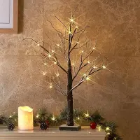 Dripio Albero decorativo a LED, altezza 60 cm, 24 luci LED bianco caldo, con neve artificiale, alimentato a batteria