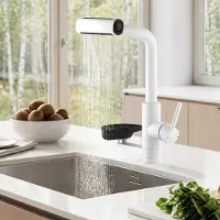 Sonstiges Miscelatore da cucina a cascata, estraibile, con getto spray, colore bianco, rotazione a 360°, realizzato in plastica ABS e acciaio inossidabile 304, attacco G3/8", foro da 33-40 mm