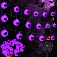 Dripio Catena luminosa solare a tema Halloween, con 30 LED a forma di occhi spaventosi, lunghezza 6,3 metri, colore viola