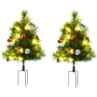 HOMCOM Set da 2 alberelli di Natale Mini con bacche rosse e luci LED, IP44