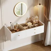 OKWISH Tavolino da trucco sospeso con specchio a LED, 3 cassetti e piano in vetro, tavolino per cosmetici con scomparti, specchiera da parete, bianco
