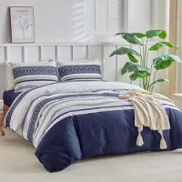 Merkloos Set di lenzuola con copripiumino 240x220 cm e 2 federe 50x75 cm, in microfibra blu con motivo a righe