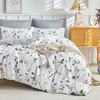 Merkloos Set di copripiumino in microfibra con motivo di rami e foglie, 260 x 240 cm, comprensivo di 2 federe 65 x 65 cm, bianco/grigio