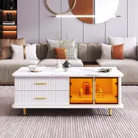 Rolipo Tavolino, piano in marmo, LED, porta in vetro, oro, onde