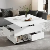 Ropilly Tavolino da divano, dimensioni 100x50x52 cm, realizzato in pannello di particelle al 100%, colore bianco. Tavolino da divano con altezza regolabile, dotato di 4 cassetti, 4 ruote e vani aperti