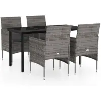 Selius Set da esterno composto da 5 pezzi, grigio e nero - Sedie da bistrot in rattan sintetico - Tavolo da 140 cm - Set da pranzo per esterni