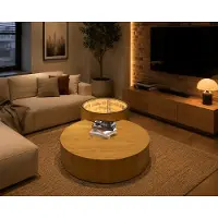 Xl Moebel Gmbh Tavolino da caffè moderno a LED, rotondo, in legno di quercia con piano in vetro, illuminato