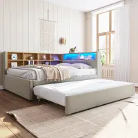 ALFORIGO Divano letto 140 x 200 cm con letto estraibile 90 x 190 cm, dotato di luci LED, porte USB e Type-C, presa di corrente e vani portaoggetti, rivestito in flanella color grigio chiaro