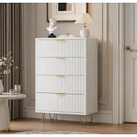 INONEFT Comò con 4 cassetti, mobile contenitore con gambe e maniglie dorate, grande armadio per soggiorno, ingresso, guardaroba, bianco