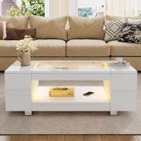 Ropilly Tavolino da salotto bianco con illuminazione a LED, dimensioni 100x50x35 cm, realizzato in pannello di particelle di legno con piano in vetro temperato, controllo tramite app e due ripiani