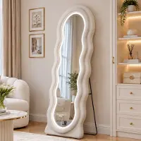 INONEFT Specchio a figura intera ondulato, 150 × 45 cm, specchio da pavimento ad alta risoluzione con LED e supporto in metallo, 3 livelli di luminosità, specchio da trucco, bianco