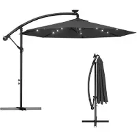 QEENTOE Ombrellone da giardino in alluminio , diametro 300 cm, con manovella, altezza regolabile, protezione UV 40+, illuminazione LED integrata, colore grigio scuro