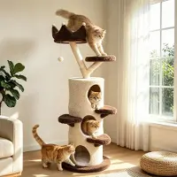 Bingopaw WISFOR Albero per gatti Kratzbaum, altezza 160 cm, con cima, 3 rifugi per gatti, pali in sisal naturale, 3 gradini per arrampicarsi e 2 aree relax, colore crema/marrone scuro