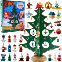 Joyin Calendario dell'Avvento di Natale con Countdown di 24 Giorni con Albero di Natale da Tavolo in Legno e 28 Ornamenti Pupazzo di Neve