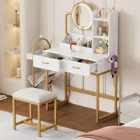 Ninkear Comò da trucco 80x138,5x40 cm, con illuminazione LED, specchio girevole, prese di corrente e sgabello (bianco e oro)