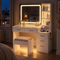 INONEFT Set da trucco con specchio a LED, porta di ricarica e spazio contenitivo. Ampio tavolino da trucco con specchio e sgabello, dotato di 7 cassetti e 4 ripiani