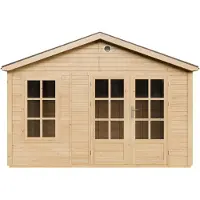 Timbela M734A+M734G Casetta da Giardino in Legno 370x240 cm, Capanno da Giardino con 2 Finestre in Vetro Temperato, Porte a Doppia Anta con Vetri, Tetto con Tegole Bituminose, con Pavimento