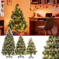VA-Cerulean Albero di Natale con illuminazione a LED bianco caldo – albero di abete artificiale innevato, altezza 180 cm, con pigne, 570 punte, 250 LED, inclusi supporto e alimentatore