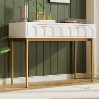 ALFORIGO Comò da trucco in legno, altezza 76,5 cm, larghezza 100 cm, profondità 45 cm, con 2 cassetti. Comò con frontali sagomati e spazio libero di 60 cm. Tavolino da trucco color crema-bianco