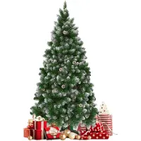 QEENTOE Albero di Natale artificiale , 210 cm, abete decorato con punte bianche, aghi di pino in PVC, abete artificiale con supporto, colore verde, effetto neve