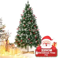 QEENTOE Albero di Natale artificiale , 225 cm, con neve artificiale e decorazioni a forma di pigna, in PVC, montaggio rapido, difficilemente infiammabile, incluso supporto per albero (2,25 m, verde)