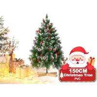 QEENTOE Albero di Natale artificiale , 150 cm, con neve artificiale e decorazioni a forma di pigna, in PVC, montaggio rapido, difficilemente infiammabile, completo di supporto per albero (1,5 m, verde)