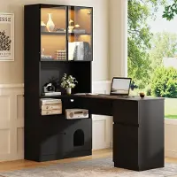 Great han Scrivania angolare con scaffalatura e mobiletto vetrina a LED, dimensioni 120x80x180 cm, scrivania con 3 cassetti e passacavo, colore nero