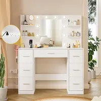 LTPRTZ Parrucchiere con specchio - Tavolo da trucco - Preparati rapidamente - Illuminazione LED regolabile - 110 cm di larghezza - Bianco