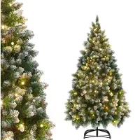 LILIIN : Albero di Natale artificiale, altezza 210 cm, con illuminazione, neve artificiale e pigne. Montaggio rapido, include supporto per l'albero