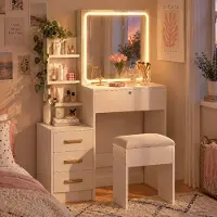 INONEFT Comò da trucco con specchio illuminato a LED, pensile con sgabello, 4 ripiani aperti, 4 cassetti, 3 vani chiusi, colore bianco