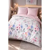 Merkloos Set di lenzuola con copripiumino reversibile, dimensioni 200 x 220 cm, in cotone rinforzato con motivo floreale nei colori bianco, rosa e blu