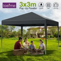 LOEFME Tenda da giardino pieghevole 3x3 metri, ideale per feste, con copertura in tessuto Oxford, protezione UV, struttura in metallo, regolabile in altezza, autoportante e di colore grigio