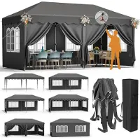 LIFERUN Gazebo da esterno 3x6 metri, grigio, con 6 pannelli laterali, impermeabile, stabile e con altezza regolabile