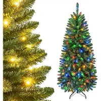 Costway Albero di Natale artificiale alto 150 cm, modello slanciato a forma di abete, con 170 luci LED bianche calde/multicolore, 9 modalità di illuminazione, 504 punte in PVC e base in metallo