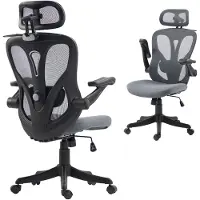 HOMCOM Sedia Ufficio Ergonomica, Braccioli Ribaltabili 3D, Poggiatesta 2D, Appendiabiti, in Rete, Grigio Scuro