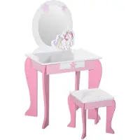 HOMCOM Specchiera Giocattolo Toeletta con Cassetto e Sgabello in Legno, Giochi per Bambine 3-6 Anni Rosa e Bianco