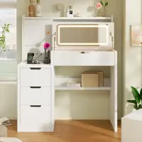 Ropilly Comò da trucco bianco, dimensioni 90 x 40 x 106 cm, con specchio a LED pieghevole, 3 cassetti e prese di corrente