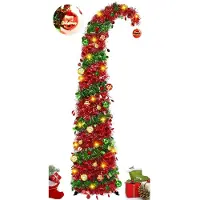 Merkloos Albero di Natale a pop-up - 150 cm - Curvo con luci e ornamenti - Luci LED bianco caldo - 15 ornamenti