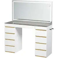StarTech.com Comò da trucco - Tavolino da parrucco - 11 cassetti - Specchio con illuminazione LED - Presa USB - Piano in vetro - Contenitore per gioielli - Bianco e oro