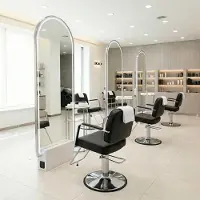 Calissimo Consolle postazione lavoro per parrucchiere e barbiere con specchio LED bifacciale 200x80 cm, argento con base in pietra
