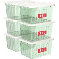 Merkloos Set di 6 contenitori impilabili con coperchio, da 15 litri ciascuno, di colore verde trasparente